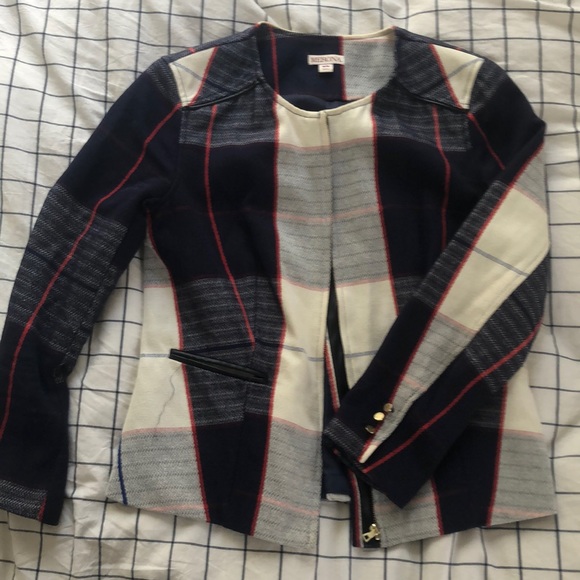 Merona Red White Blue Plaid Blazer Jacket - Picture 1 of 5